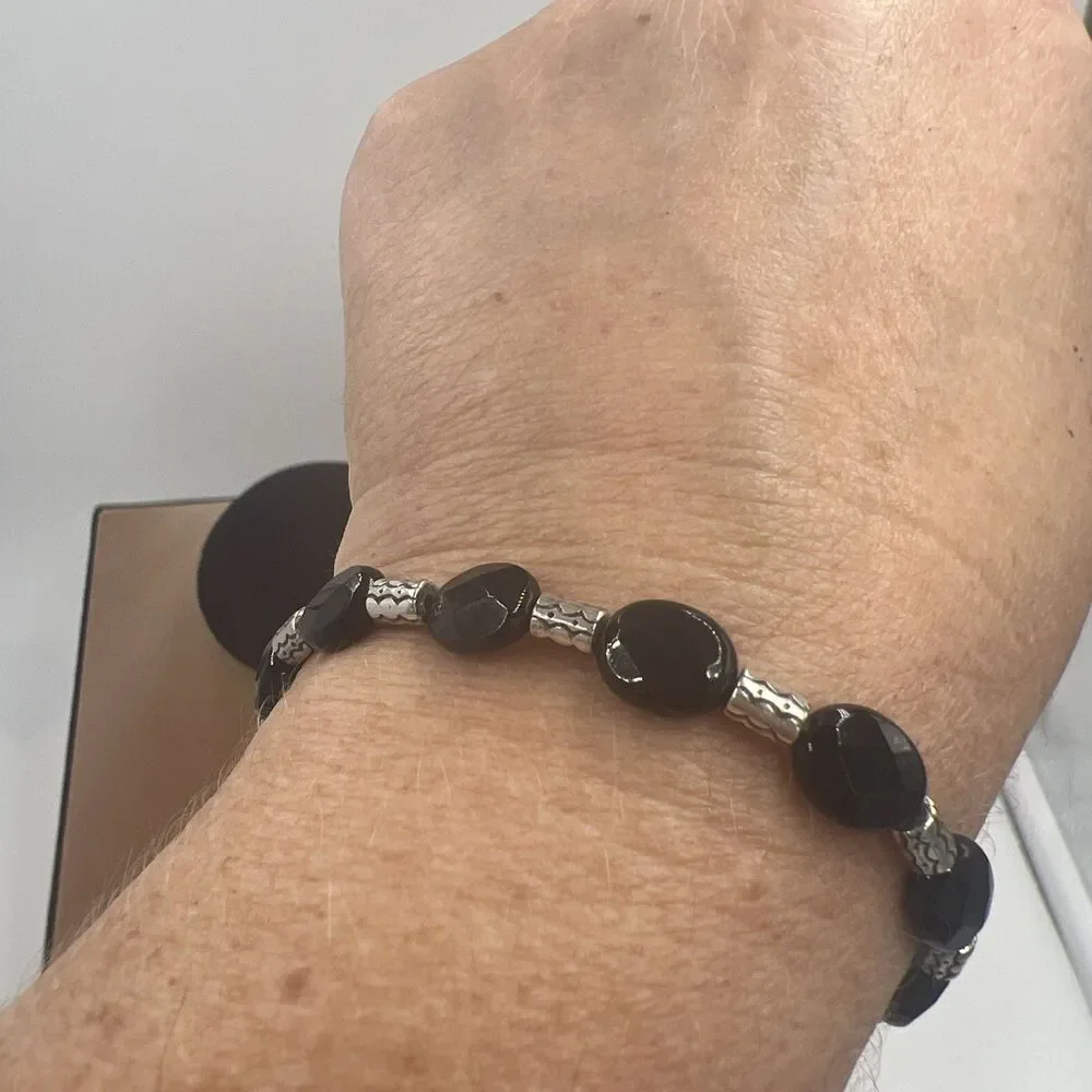 Brighton Bracelet Silver Tone Black Glass Beads Minimalist Adjustable